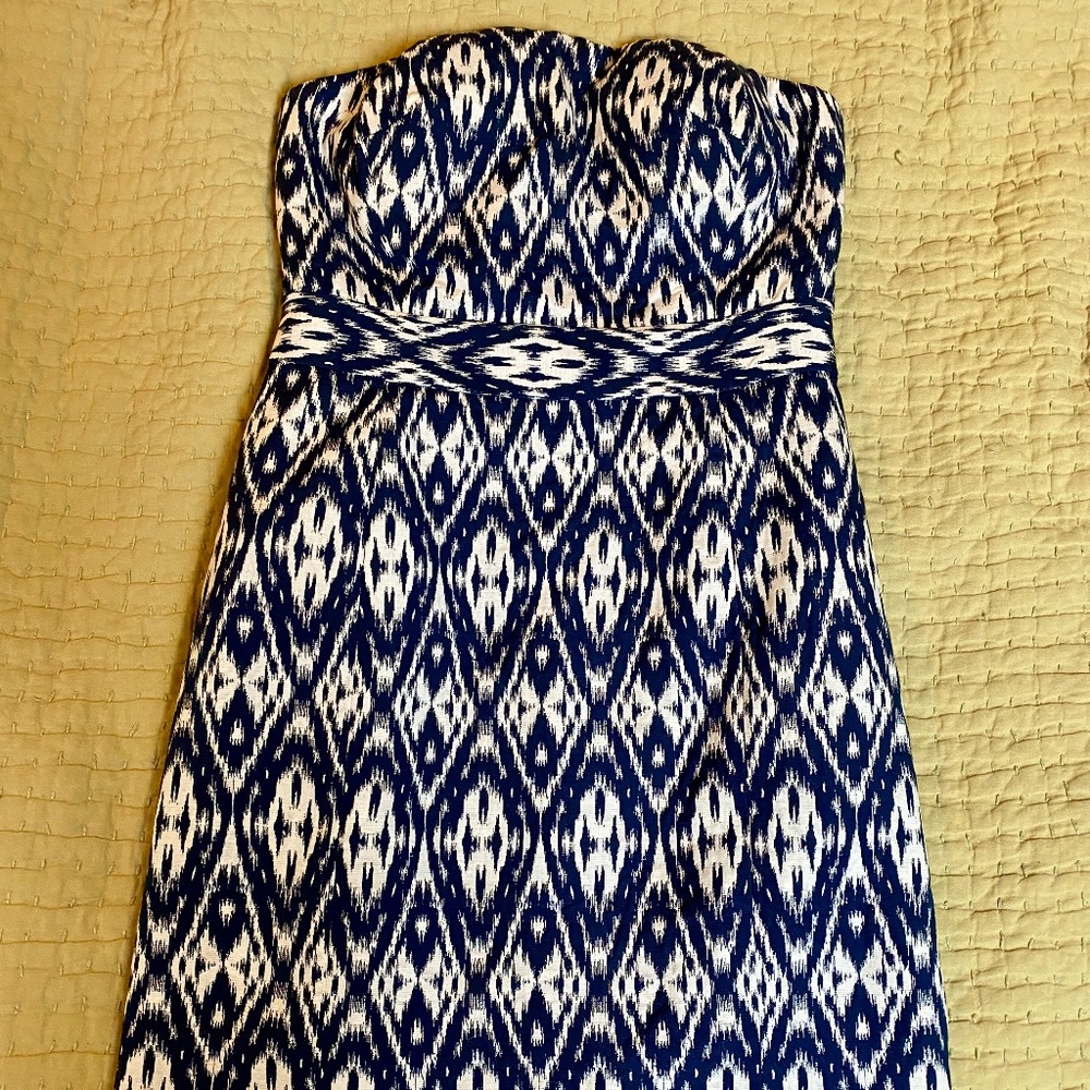 NWT! Banana Republic Blue and White Ikat Print Strapless Sheath, size 6